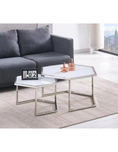 Lot de 2 tables basses Gigogne HEXAGONA structure chrome et plateau en verre le concept de la Pate a emporter 