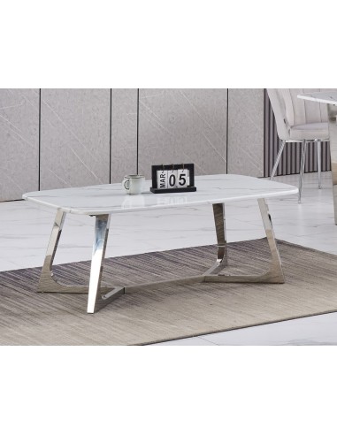 Table Basse GOSSIP Inox plateau en Granite Marbré Blanc 120x70 cm livraison gratuite