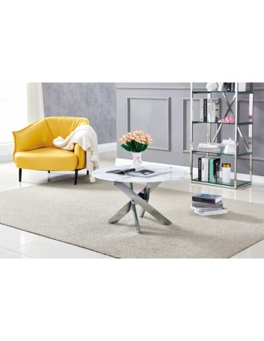 Table basse ronde JESSY pieds chrome et plateau en verre 80 cm brillant des détails fins