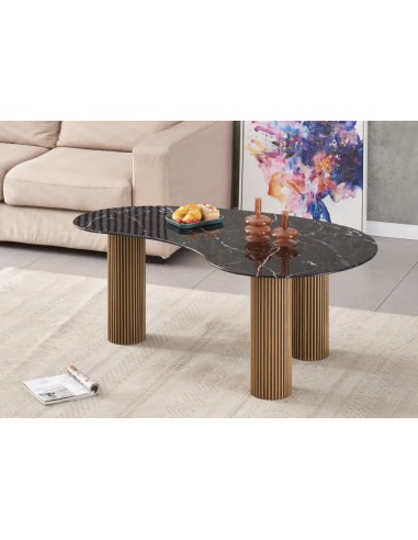 Table basse PYLONE pieds Gold plateau en verre marbré noir solde