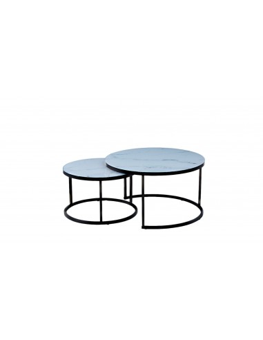 Lot de 2 tables Basses Gigogne ARTO métal noir plateau effet marbre blanc ou a consommer sur place