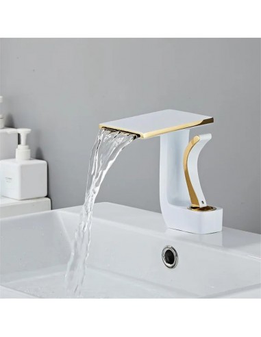 Robinet lavabo salle de bain plat géométrique mitigeur design - Blanc - Laiton commande en ligne